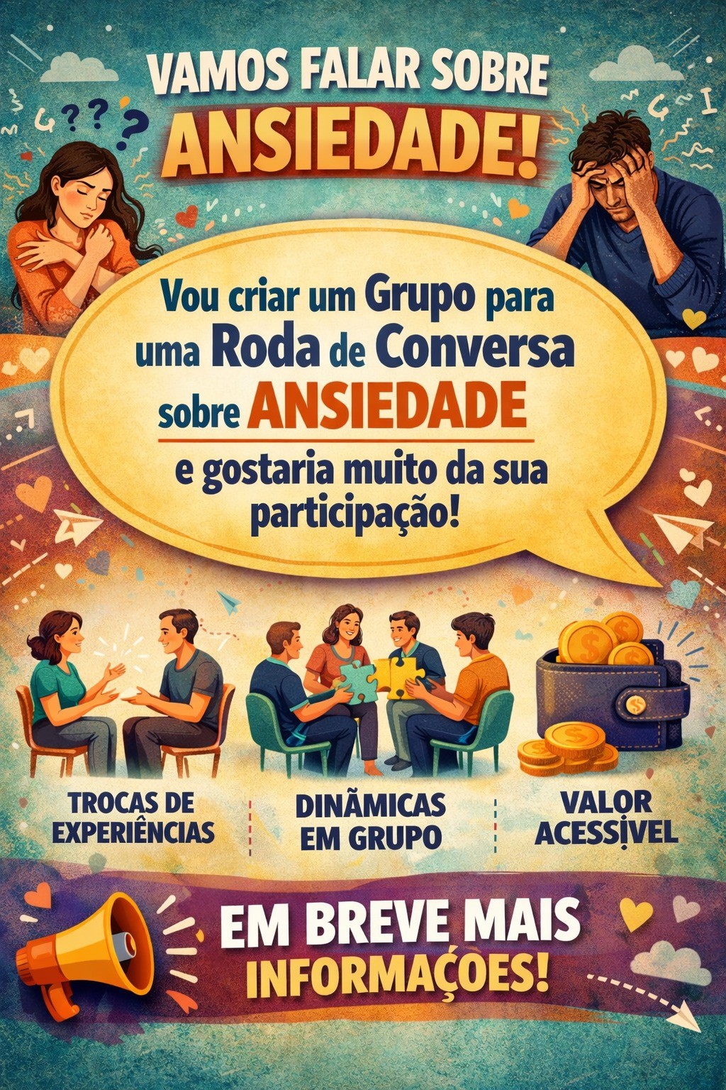 Panfleto sobre ansiedade com dinâmicas e valor acessível